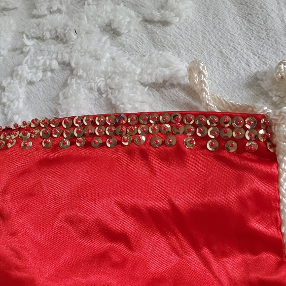 Vintage NWT Red Satin Stocking Christmas Tree Embellished Bling White Trim - Picture 5 of 12